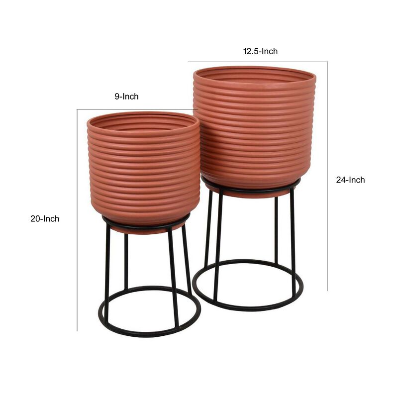 24 Inch Metal Planters with Stand, Set of 2, Terracotta and Black - Benzara