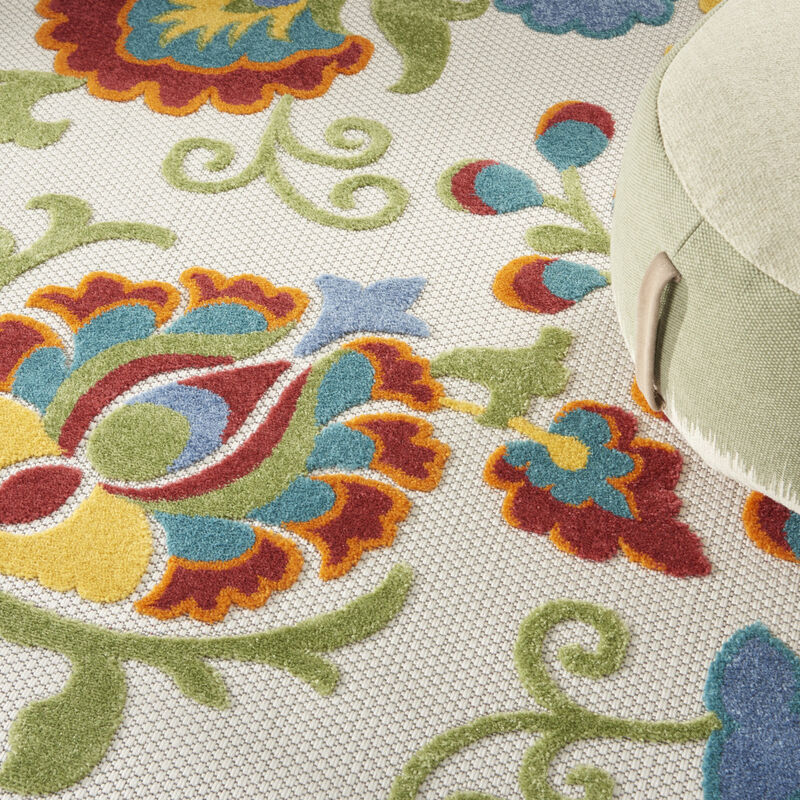 HomeRoots 8' Ivory Green Red And Yellow Round Floral Indoor Outdoor Area Rug image number 4