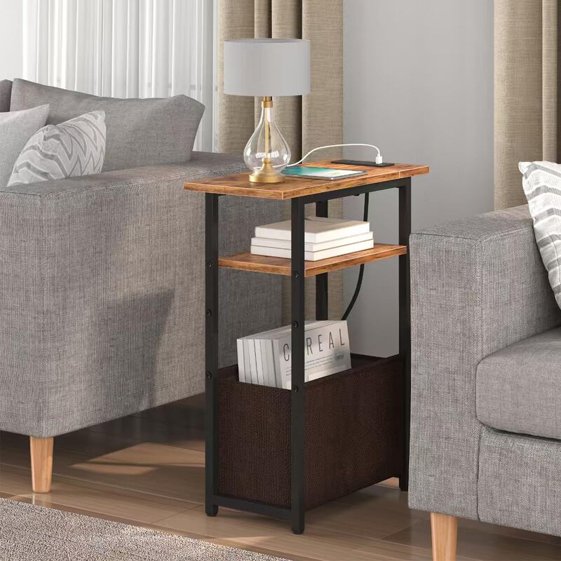 sthmec Narrow Side Table with Charging Station Set of 2, Small End Table for Small Spaces, Skinny Nightstands Set 2 with Storage