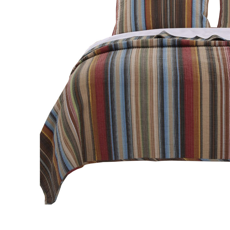 Phoenix Fabric 3 Piece Queen Size Quilt Set with Striped Prints, Multicolor - Benzara
