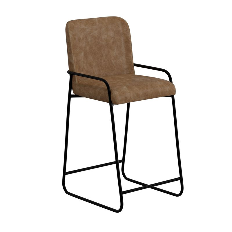 Suze Barstool Chair, Arched Back, Black Iron, Cognac Brown Faux Leather - Benzara