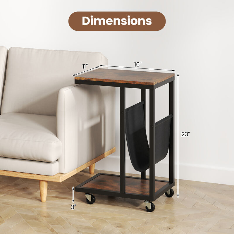 C-Shaped End Table with Metal Frame and Fabric Storage Pocket