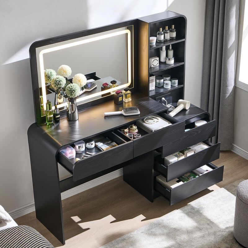 50" Vanity Desk with 35.4" LED Mirror, 3 Lights, 5 Drawers & Charging Station image number 2