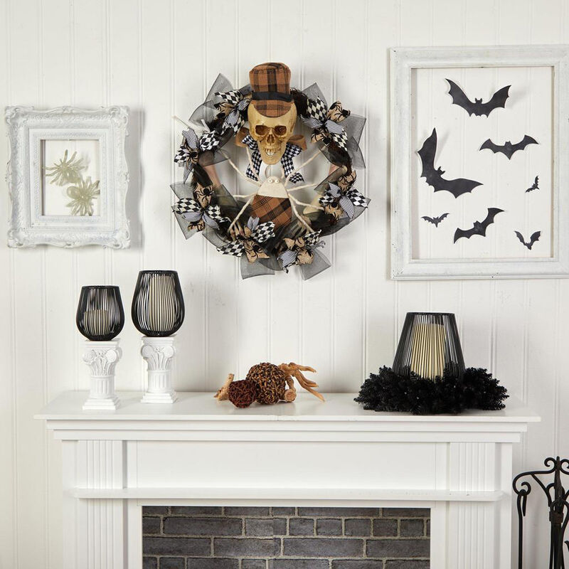 Nearly Natural 24-in Halloween Skull in Plaid Mesh Wreath