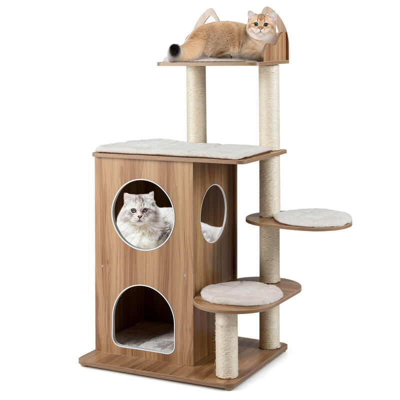 Wooden Cat Tree with 2 Level Condo and Removable Washable Cushions-Natural image number 3
