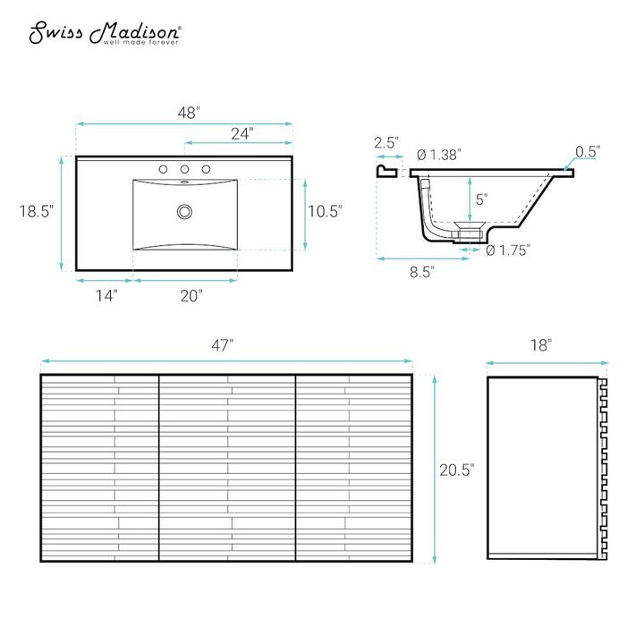 48" Wall-Mounted Bathroom Vanity in Black Oak with 3-Hole Widespread Sink Top