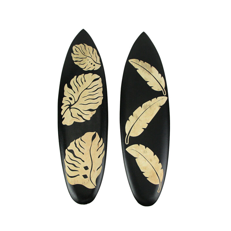 Set / 2 Hand Crafted Wooden Tropical Leaf Surfboard Decorative Wall Hangings 20" image number 0