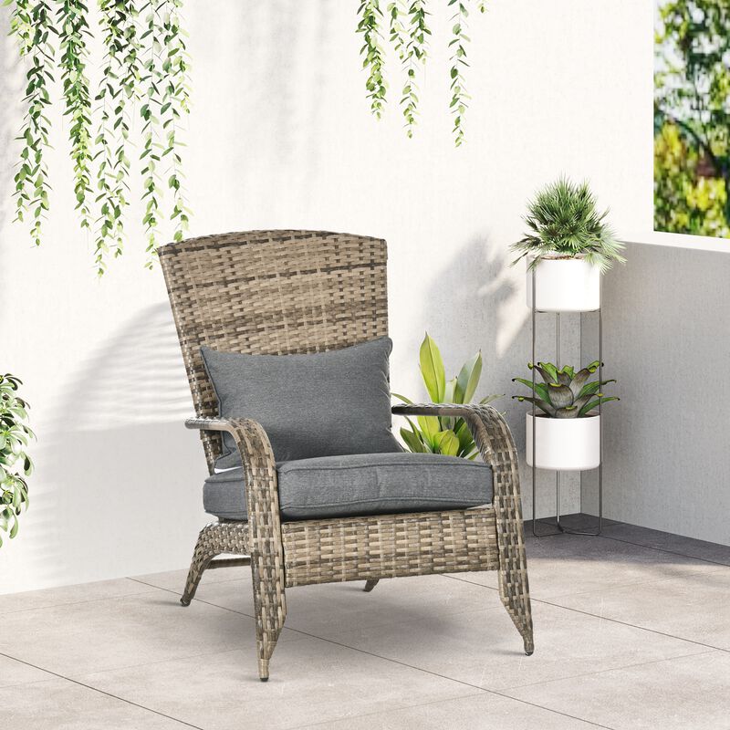 Outsunny Patio Wicker Adirondack Chair, Outdoor All-Weather Rattan Fire Pit Chair w/ Soft Cushions, Tall Curved Backrest and Comfortable Armrests for Deck or Garden, Charcoal Gray