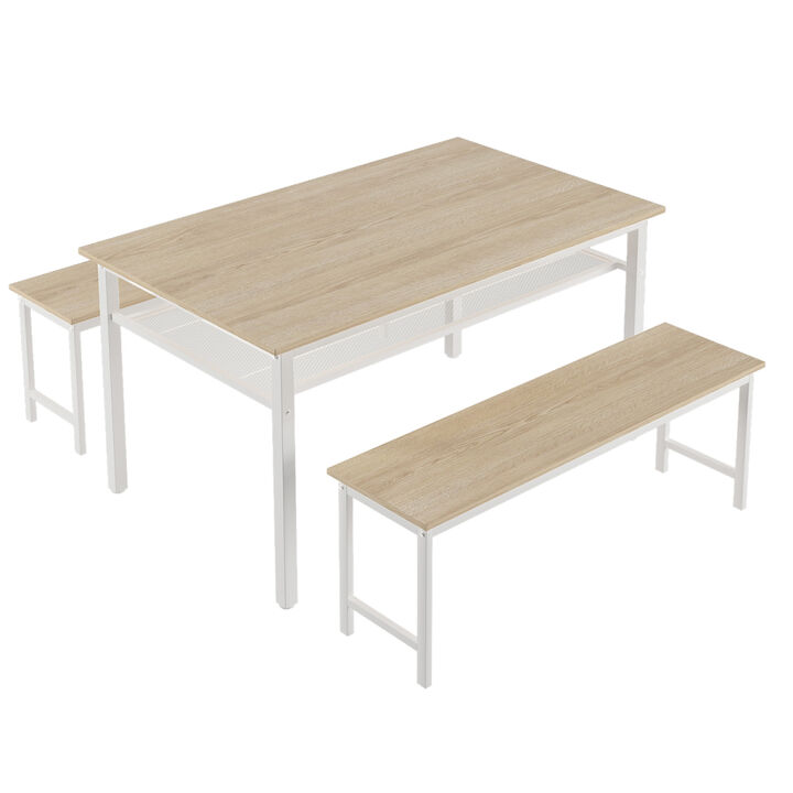 3 Pieces Farmhouse Kitchen Table Set with Two Benches, Metal Frame and MDF Board, white