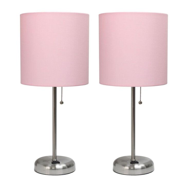 Brushed Steel Stick Table Lamp with Charging Outlet & Fabric Shade,   Set of 2