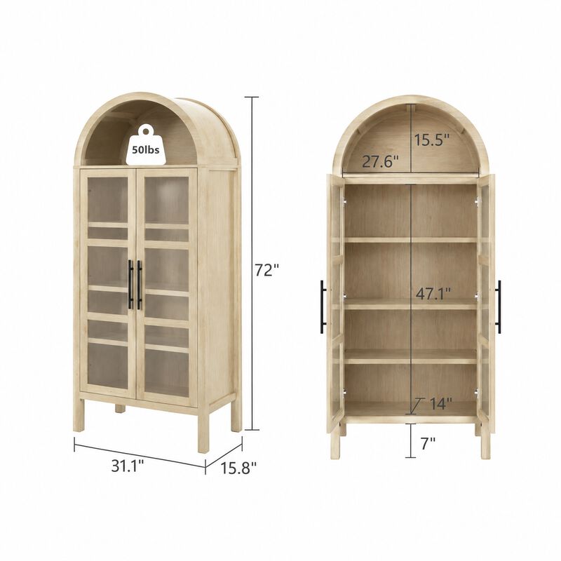 Tall Arched Glass Front Storage Cabinet, Multi‑Purpose Display Cabinet with Adjustable Shelves image number 2