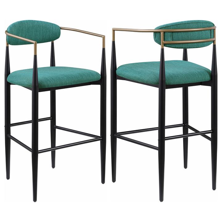 Tiara Bar Chair Set of 2, Teal Green Fabric, Gold, Black Metal 30 Inch - Benzara