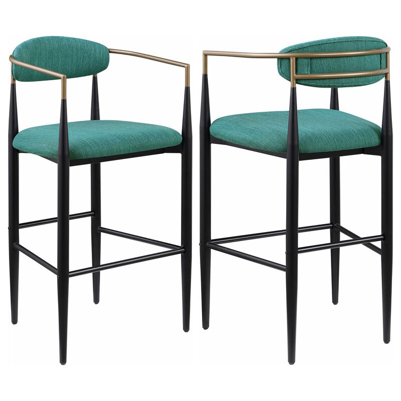 Tiara Bar Chair Set of 2, Teal Green Fabric, Gold, Black Metal 30 Inch - Benzara