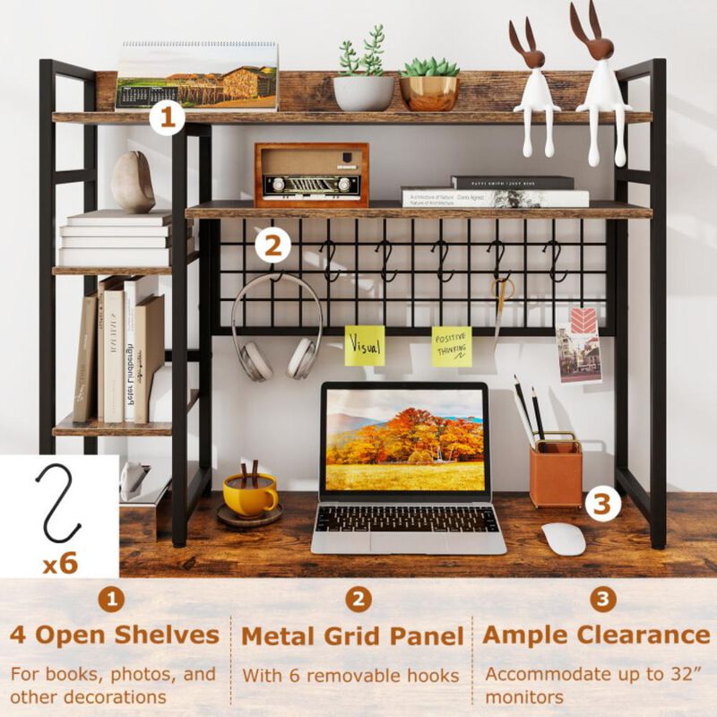 Hivvago 4-Tier Desk Shelf Desktop Display Rack with Metal Grid Panel and 6 Hooks
