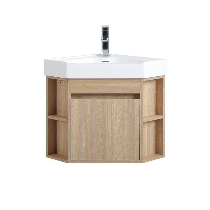 18 Inch Light Oak Trinsville Wall Mount Corner Bathroom Vanity with Matte Solid Surface