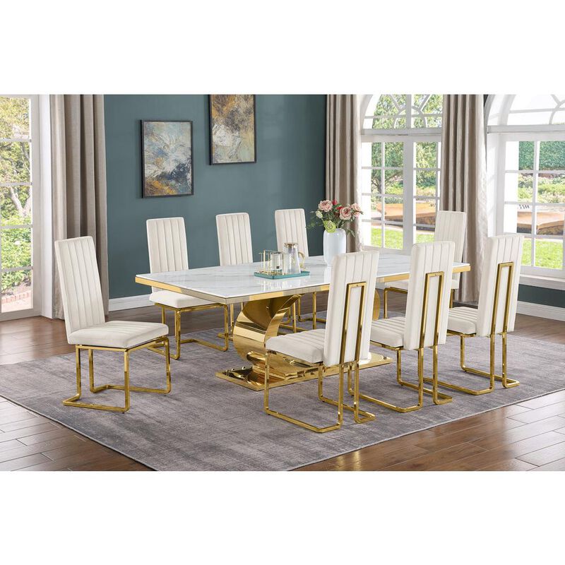 Best Quality Furniture 9pc Large(87) marble top dining set with gold base and 8 Cream side chairs
