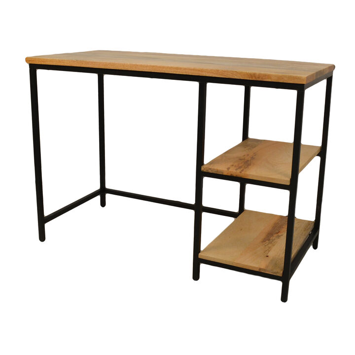 HomeRoots 42" Natural and Black Solid Wood and Metal Computer Desk