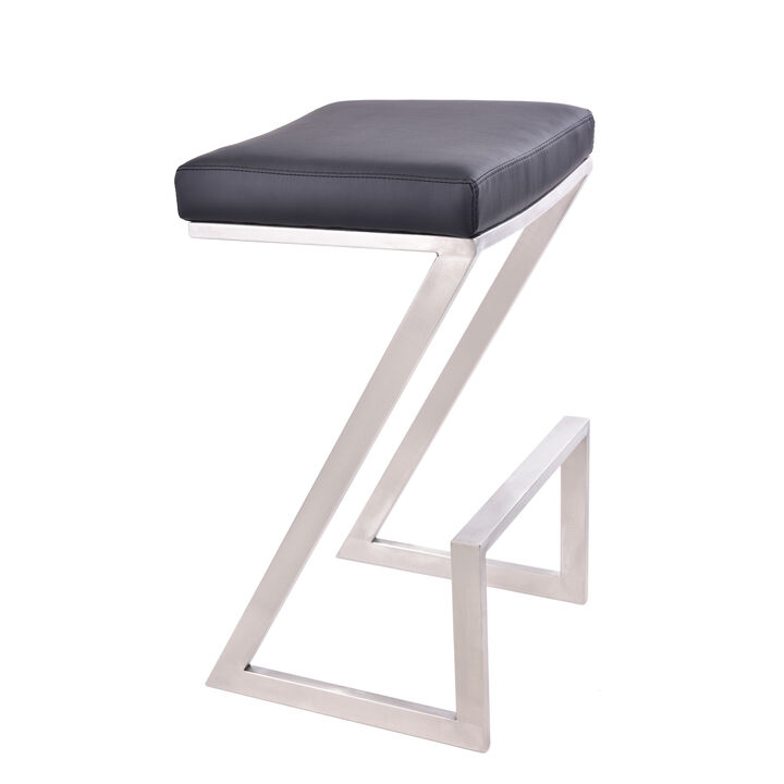 Atlantis  Counter Height Backless Black Faux Leather and Brushed Stainless Steel Bar Stool