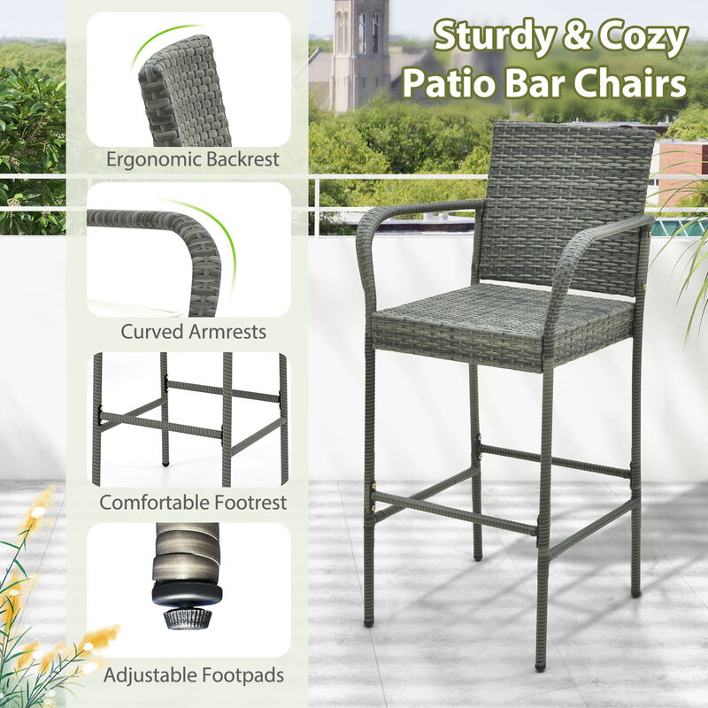 All Weather PE Rattan Bar Chairs Set of 4 with Armrests and Seat Cushions for Porch Backyard