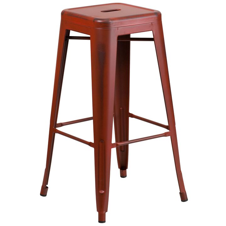 Flash Furniture Kai Commercial Grade 30" High Backless Distressed Kelly Red Metal Indoor-Outdoor Barstool