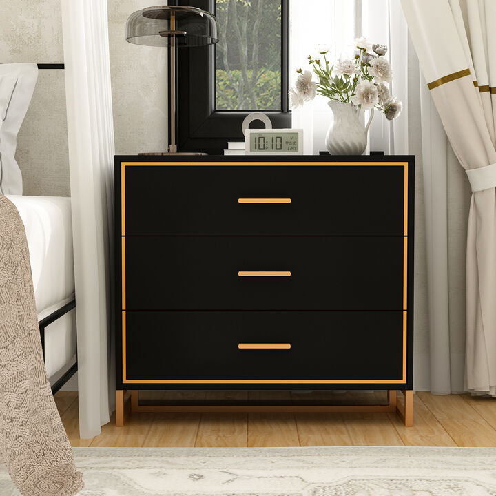 FUFU&GAGA Modern Black 3-Drawer Dresser with Gold Trim, Metal Handles & Base &ndash; Stylish Storage Cabinet for Bedroom(31.5"W x 15.7"D x 28.7"H),Black