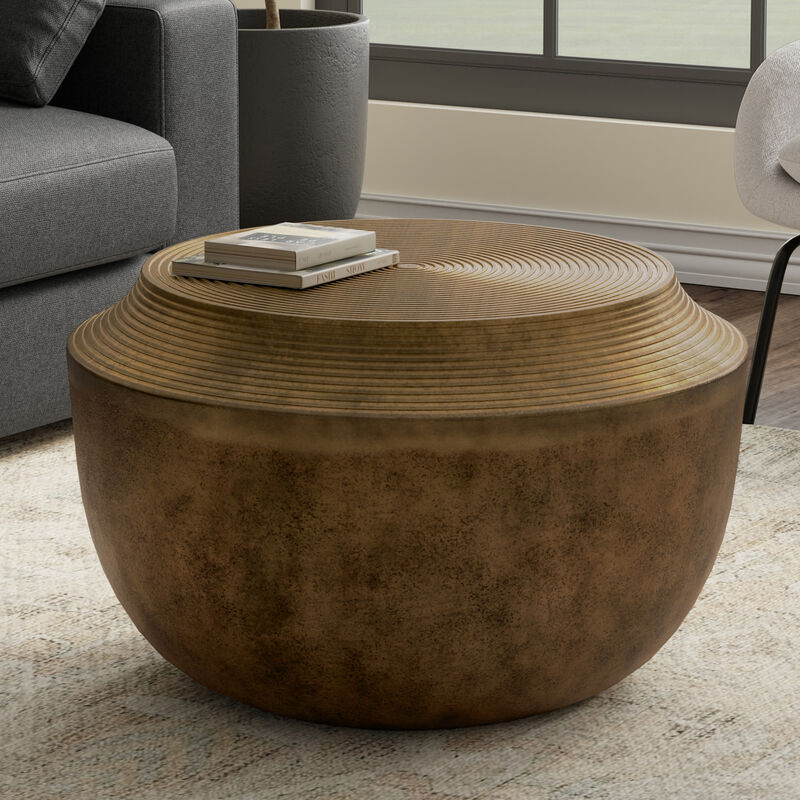Timmons 21 inch Wide Round Contemporary Cast Aluminum Coffee Table in Antique Brass, Fully Assembled