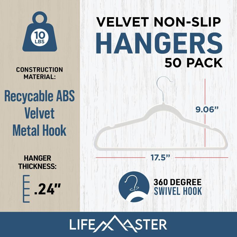 Velvet Clothes Hanger &ndash; with 360 Degree Swivel Hook and Non-Slip Shoulder Notch, Holds Up to 10 lbs, Heavy Duty Hanger Set, for Organizing Suit, Dress, Coat, and Clothes, Pack of 50, White