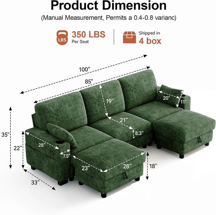 Vipbear 100" Modular Sectional Sofa Chenille 5 Seater U Shaped Couch with Moveable Ottoman