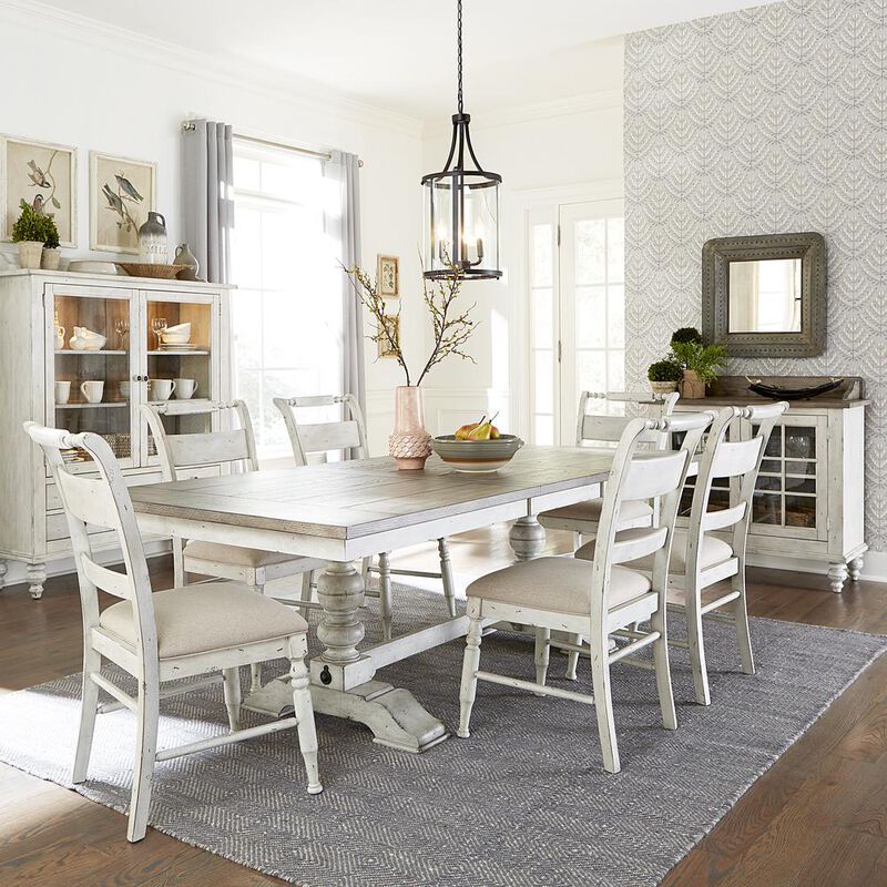 Liberty Furniture Whitney 7 Piece Trestle Table Set - Antique Linen w/ Weathered Gray image number 1