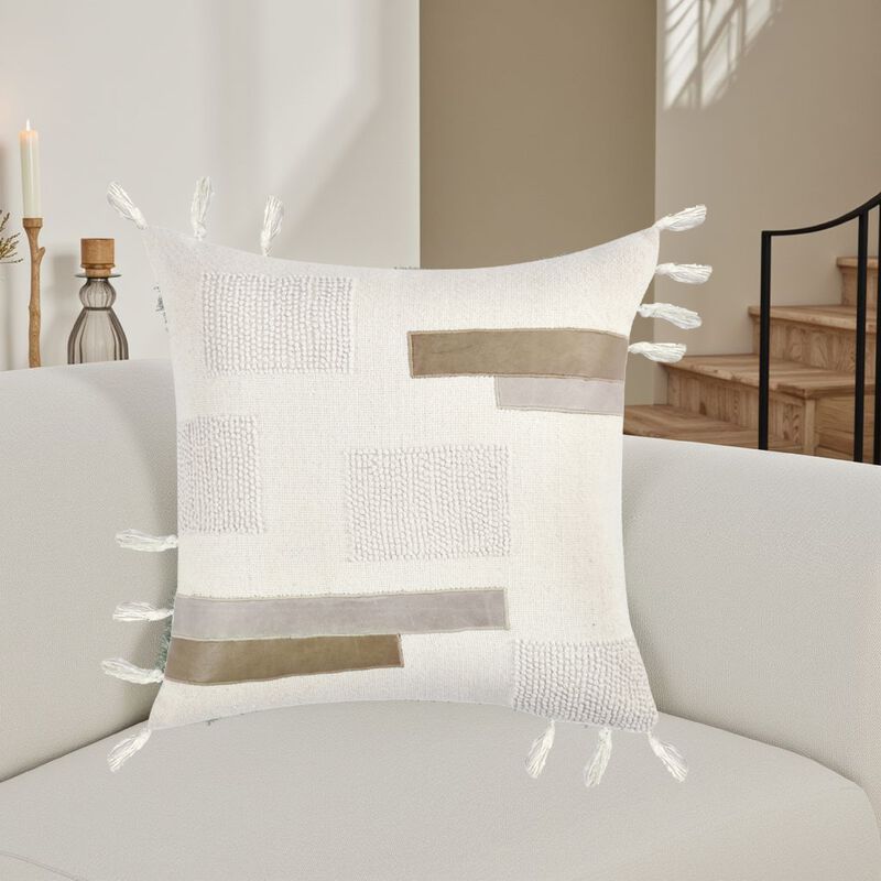 Throw Pillow, Tasseled Edges with Embroidery, 22 Inch Ivory Fabric - Benzara