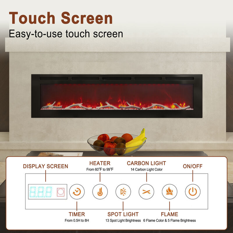 MONDAWE 72" Wall-Mounted Recessed Electric Fireplace 4780 BTU Heater with Remote Control Adjustable Flame Color & Temperature Setting