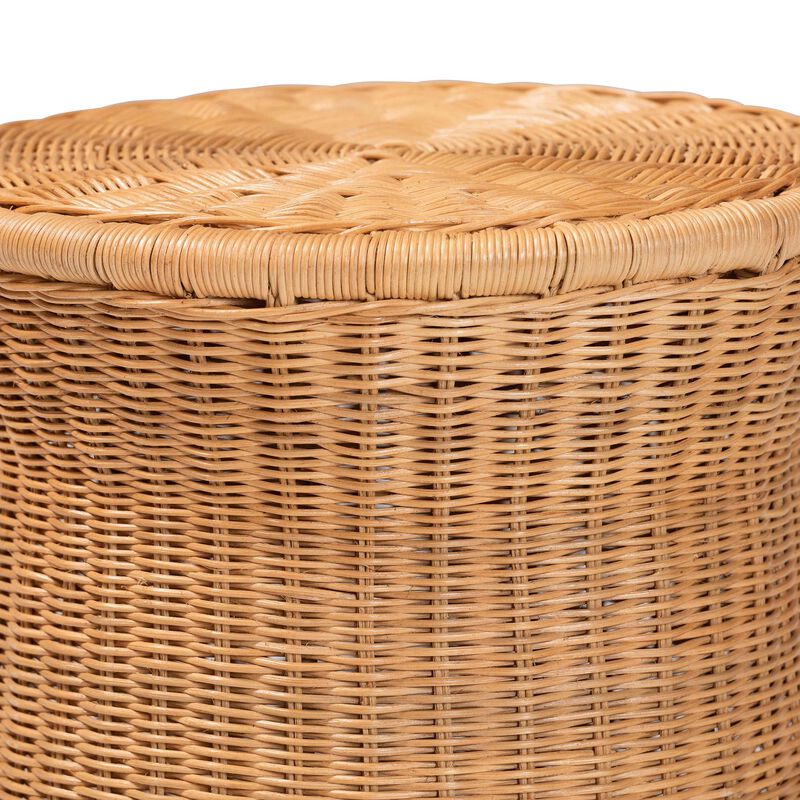 bali & pari Caroline Round Natural Rattan End Table &ndash; Handwoven Wicker Drum Shape Accent Table for Living Room or Sunroom, Light Honey.