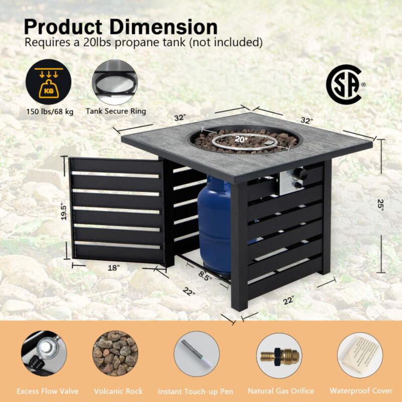 Hivvago Square Propane Fire Pit Table with Lava Rocks and Rain Cover