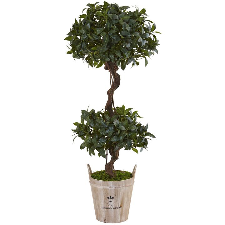 Nearly Natural 4.5-in Sweet Bay Double Topiary Tree in Farmhouse Planter