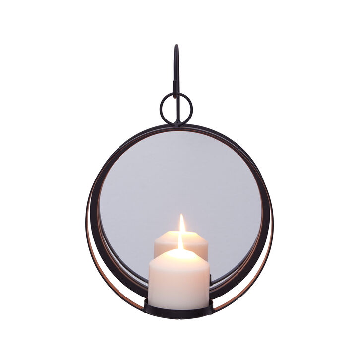 Round Wrought Iron Pillar Candle Sconce with Mirror – Rustic Metal Hanging Wall Candleholder