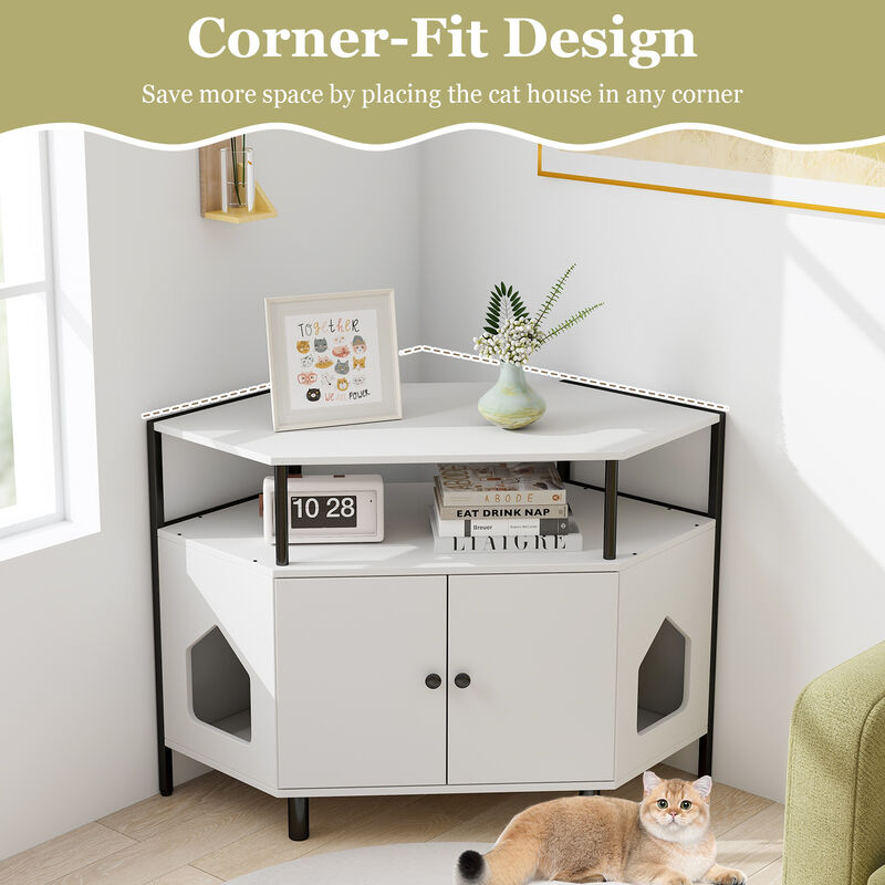 Corner Cat Litter Box Enclosure with Open Shelf 2 Entrances and Metal Legs