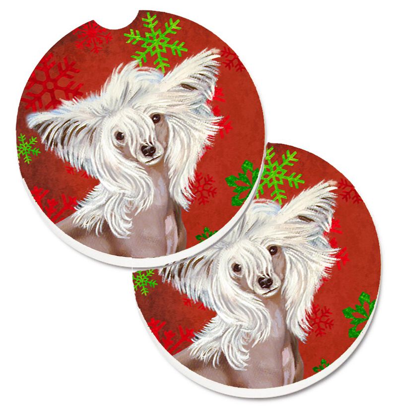 Caroline's Treasures Chinese Crested Red & green Snowflakes Holiday Christmas Set of 2 Cup Holder Car Coasters LH9347CARC, 2.56, Multicolor image number 0