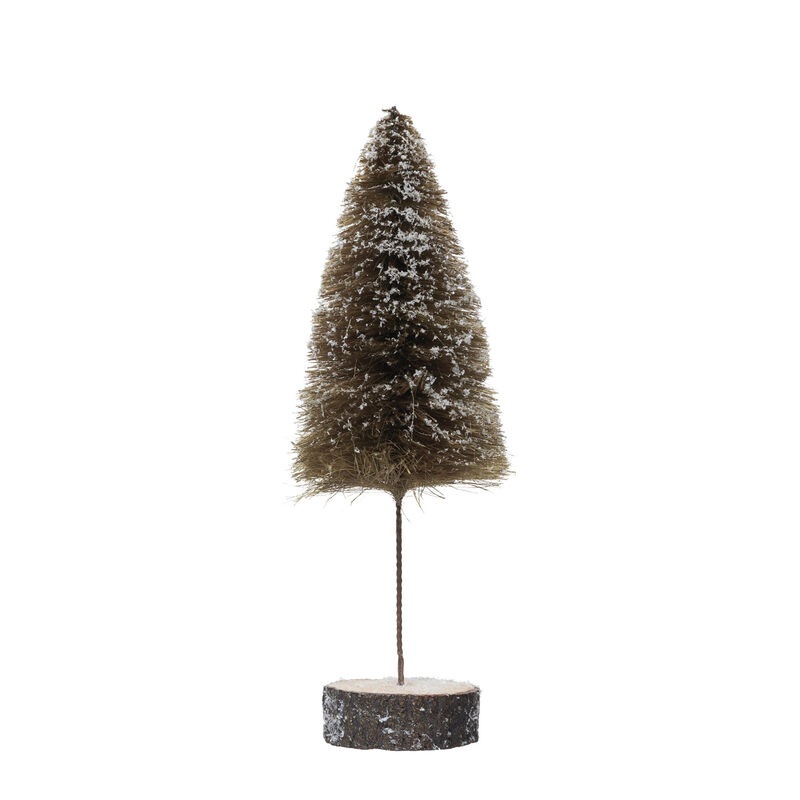 Sisal Bottle Brush Tree with Wood Slice Base and Snow Finish, Mustard image number 0