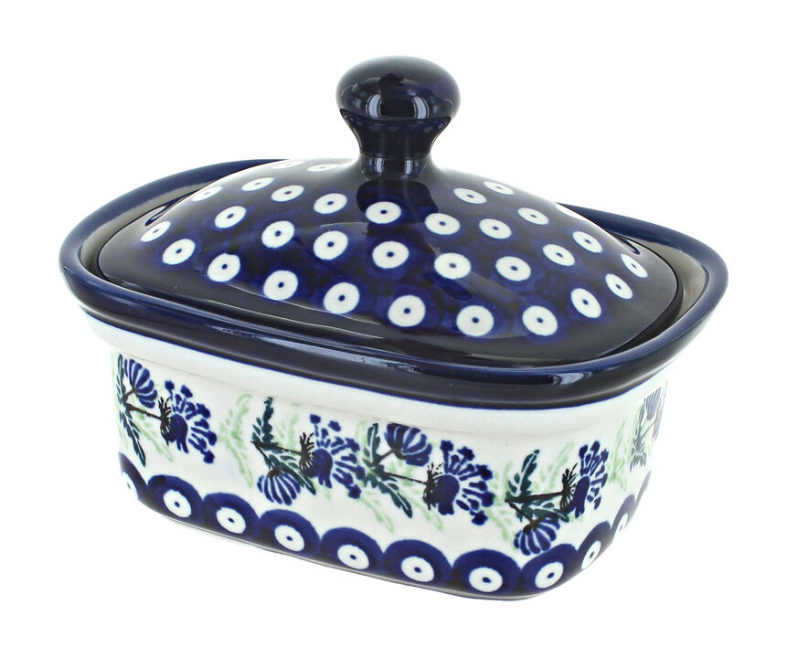 Blue Rose Polish Pottery Porcelain Vine Butter Tub