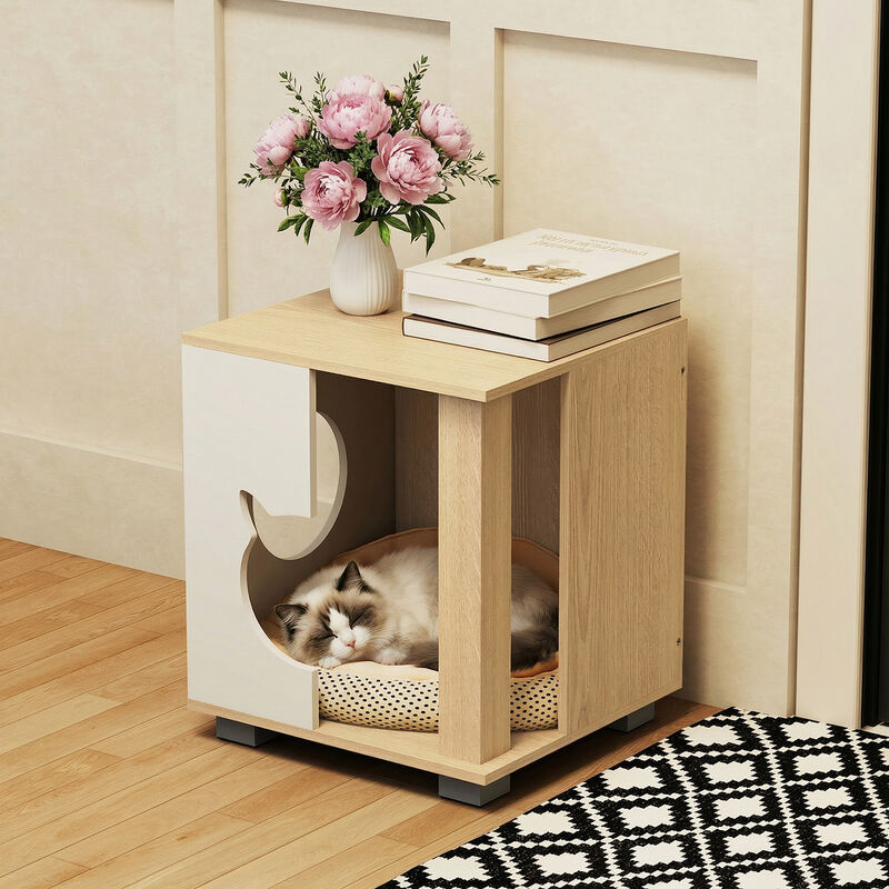 Natural Wooden Cat Condo with Semi-Enclosed Design, Kitty Head Entry, and Metal Legs image number 7