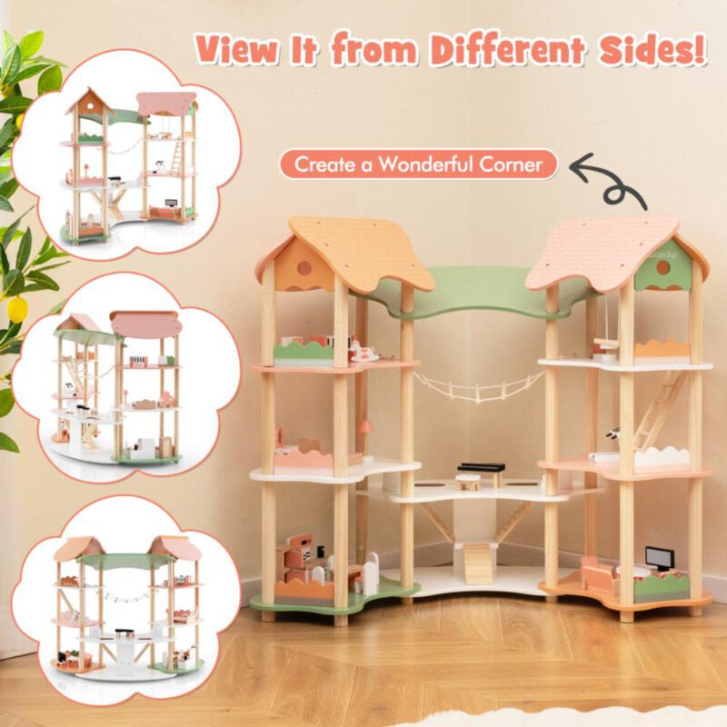 Hivvago 3-Tier Wooden Dollhouse for Kids Aged 3-8 Years Old with 32 Pieces of Accessories