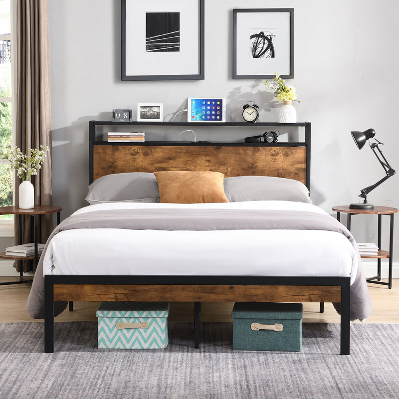 Merax Metal Platform Bed with Wooden Headboard & Footboard image number 1