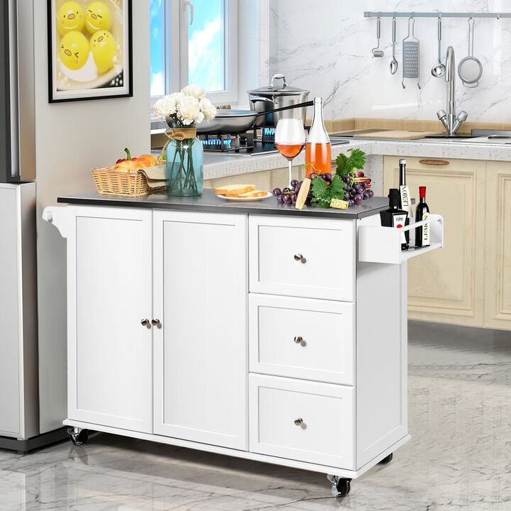 Kitchen Island 2-Door Storage Cabinet with Drawers and Stainless Steel Top