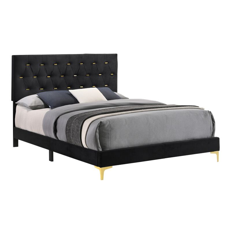 Lif Platform King Size Bed, Panel Tufted Headboard, Gold, Black Velvet