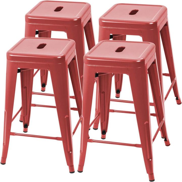 Hivvago Set of 4 - 24-in. Indoor/Outdoor Backless Stacking Red Metal Barstools