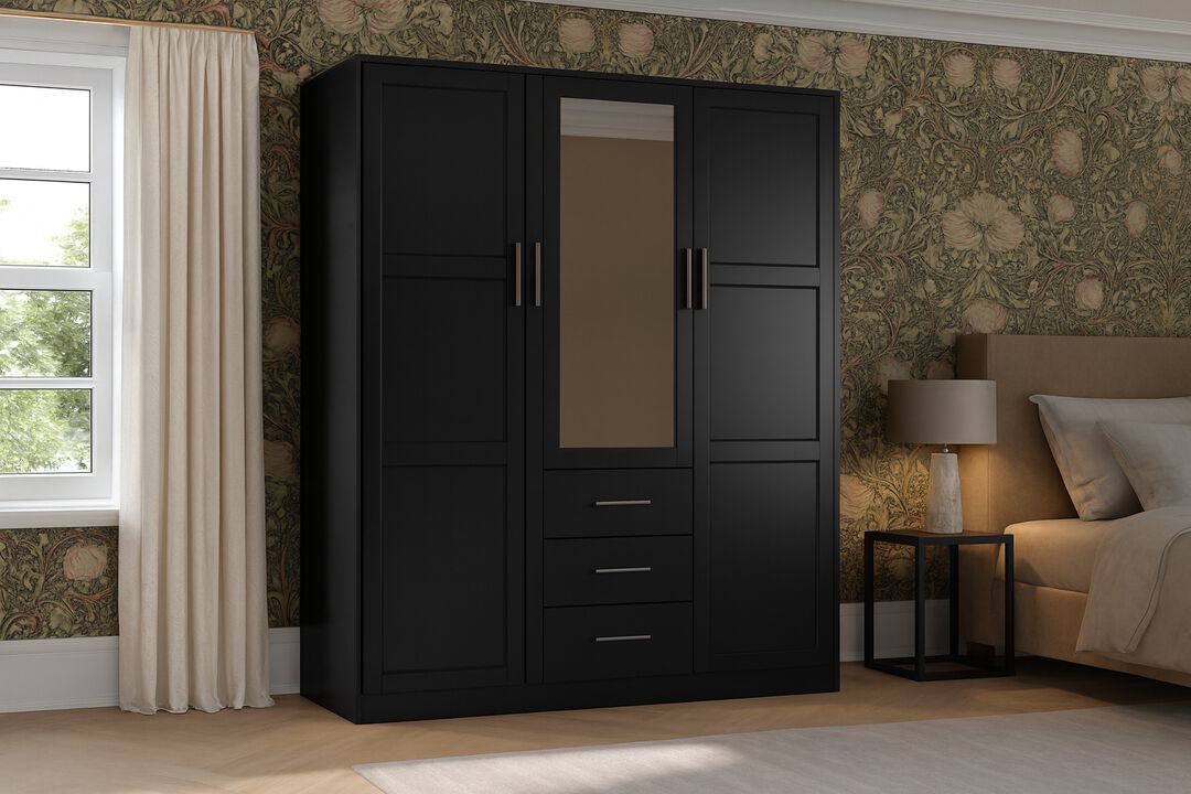 100% Solid Wood Cosmo 3-Door Wardrobe with Mirrored Door