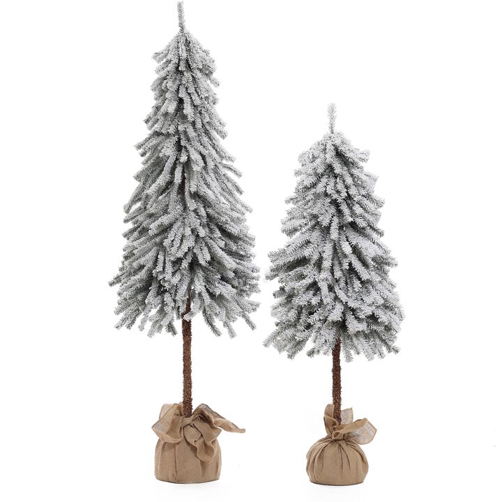 LuxenHome  LuxenHome Set of 2 Pre-lit Snow-Flocked Potted Artificial Christmas Tree