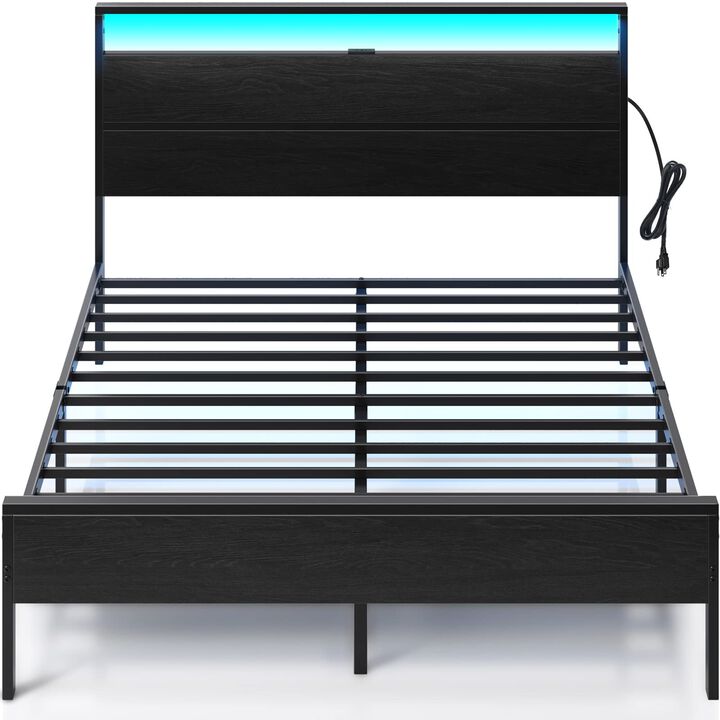 Rolanstar Bed Frame with Charging Station, Queen Bed with LED Lights Headboard, Metal Platform, Strong Metal Slats Support, 10.2