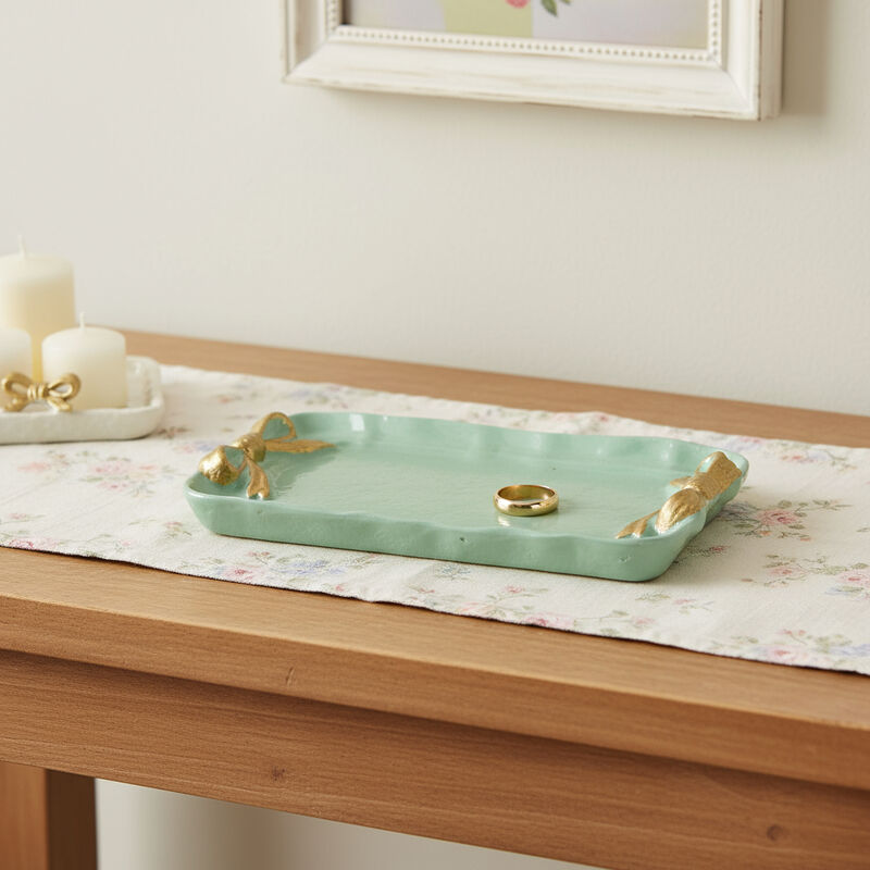 HomeRoots 8" Aqua And Gold Cast Iron Ribbons Vanity Tray image number 1