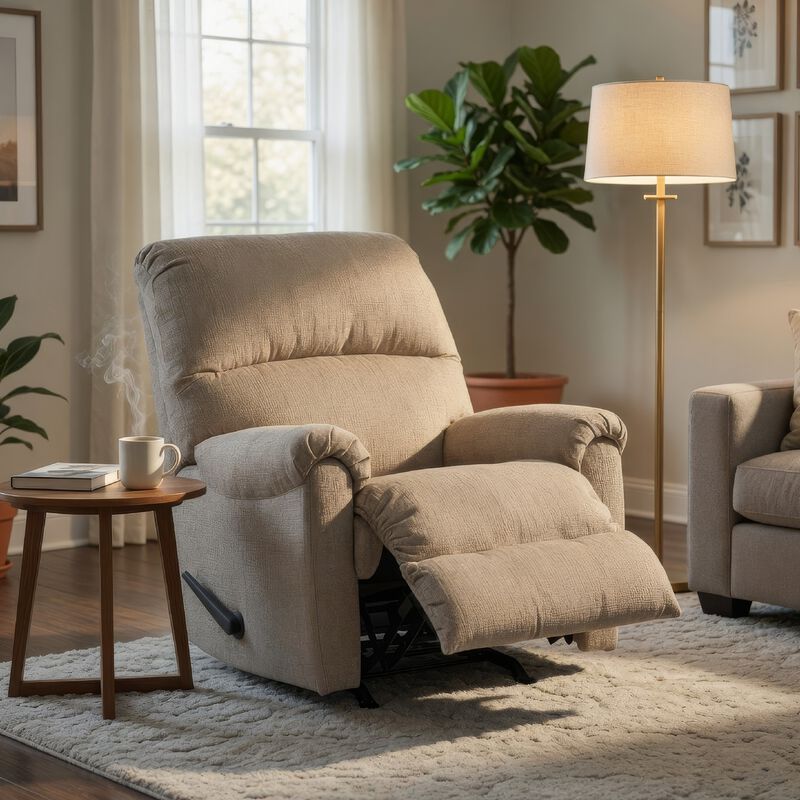 Ead Manual Rocker Recliner Chair, Plush Cushion Taupe Brown Polyester image number 6
